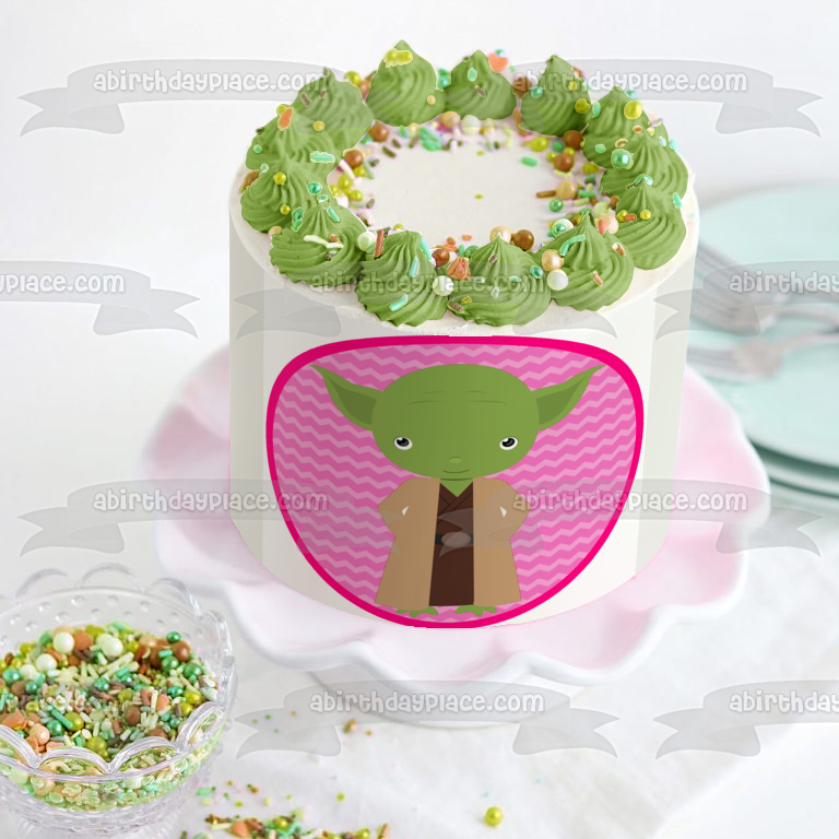Star Wars Cartoon Yoda Pink Background Edible Cake Topper Image ABPID12725