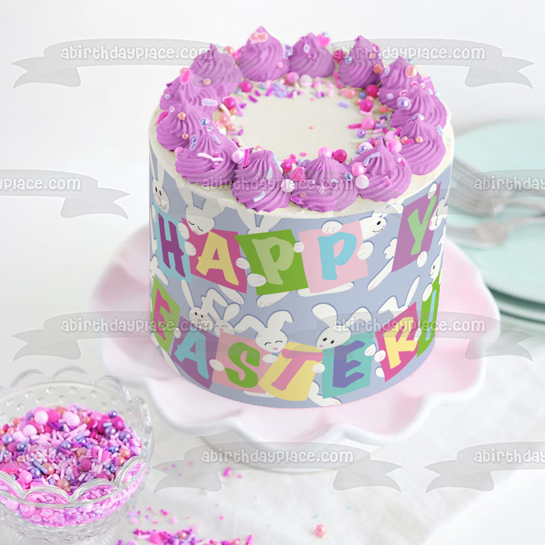 Happy Easter White Bunnies Blue Background Edible Cake Topper Image ABPID13132