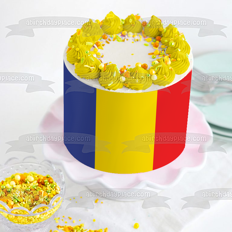 Adorno comestible para tarta con bandera civil de Andorra, color azul, amarillo y rojo, imagen ABPID13146