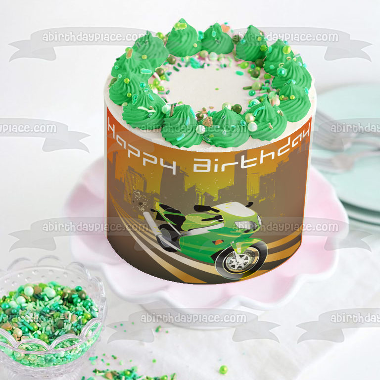 Decoración comestible para tarta con diseño de motocicleta verde de feliz cumpleaños, imagen ABPID13167