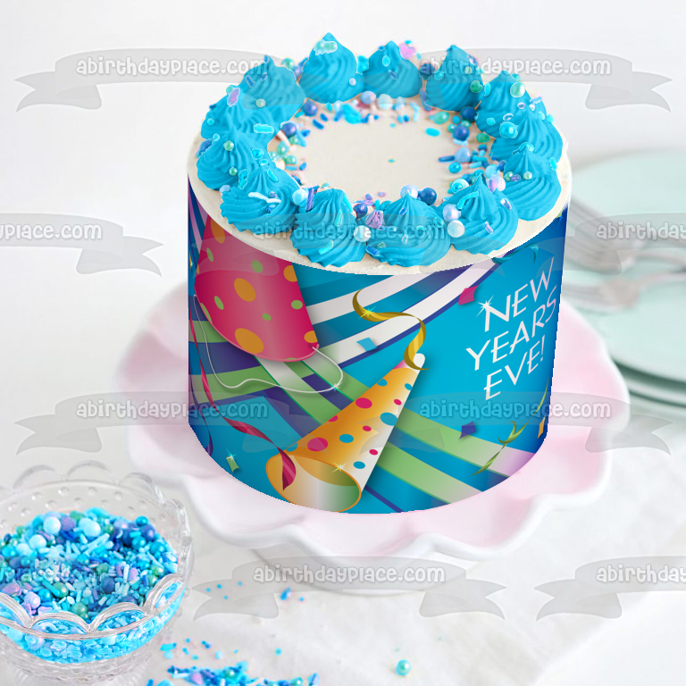 Happy New Years Eve Party Hats Streamers Confetti Edible Cake Topper Image ABPID13309