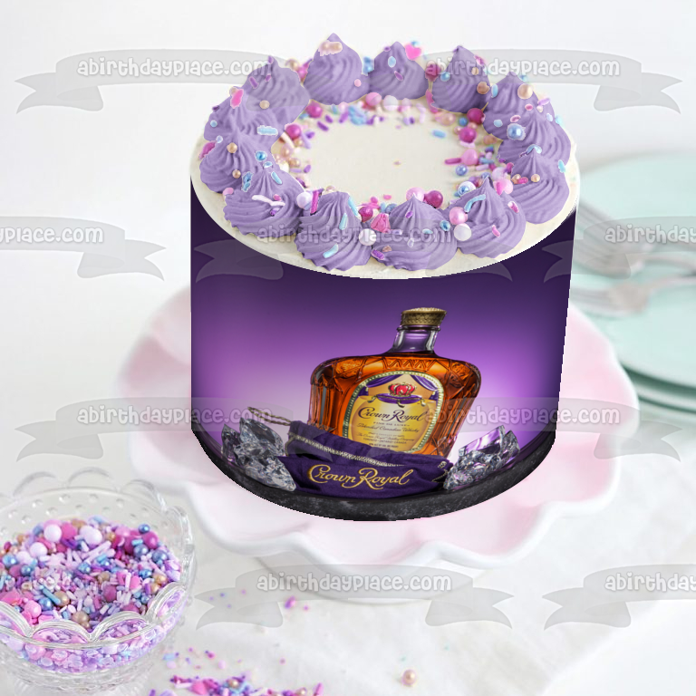 Crown Royal Bottle and Bag with a Purple Background Edible Cake Topper Image ABPID56188