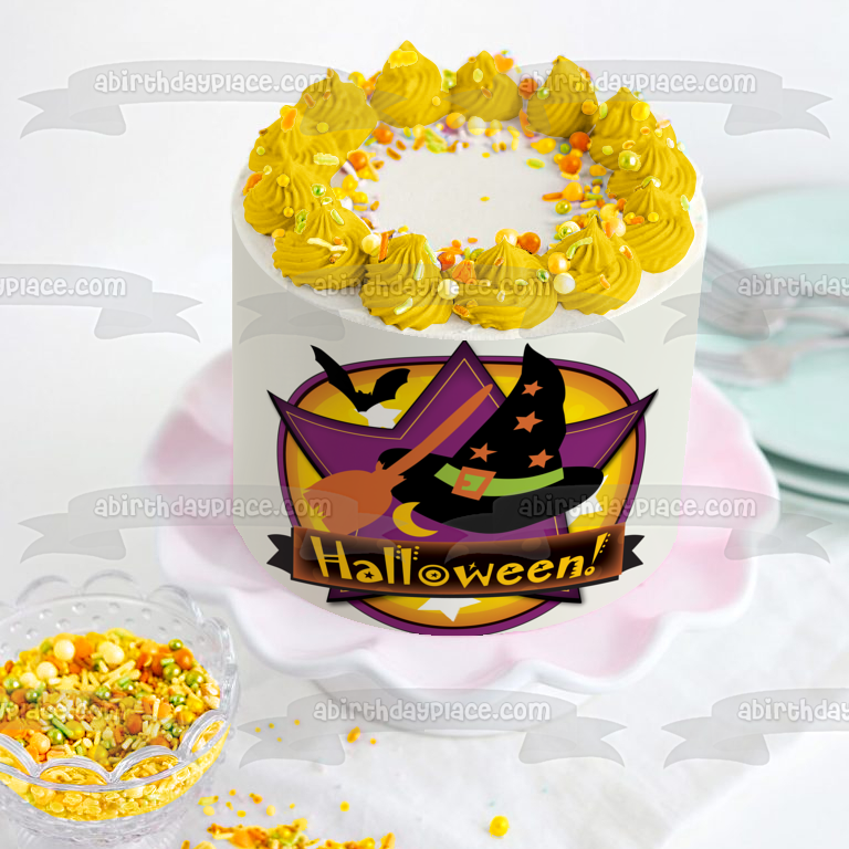 Happy Halloween Witch Hat Broomstick Bats Moon Stars Edible Cake Topper Image ABPID13226