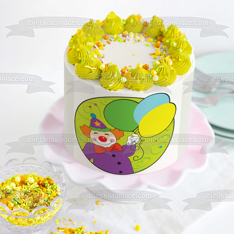 Payaso de dibujos animados Feliz cumpleaños Globos verdes, azules y amarillos Imagen comestible para decoración de tarta ABPID13234