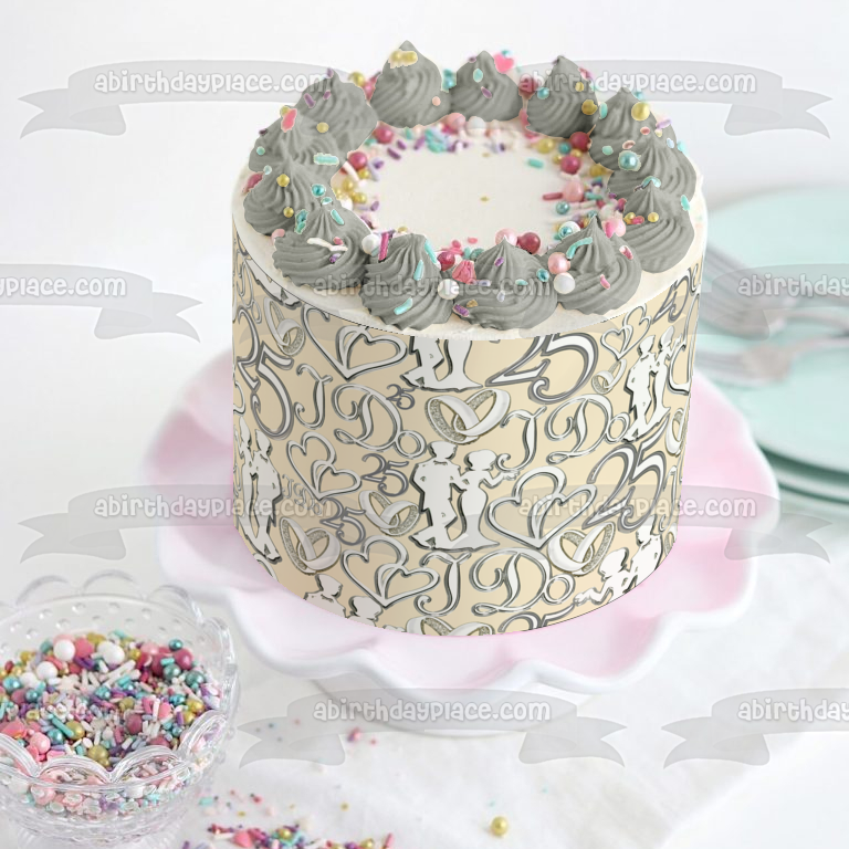 Feliz Aniversario 25 Años Corazones Hombre Mujer Adorno Comestible Para Tarta Imagen ABPID13368