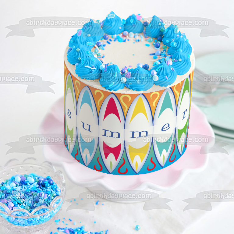 Temporada Verano Tablas de surf Verde Azul Rojo Amarillo Imagen comestible para pastel ABPID13369