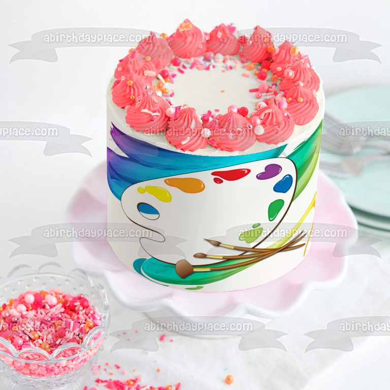 Artist Paint Palette Paintbrushes Colorful Paint Stroked Background Edible Cake Topper Image ABPID13264