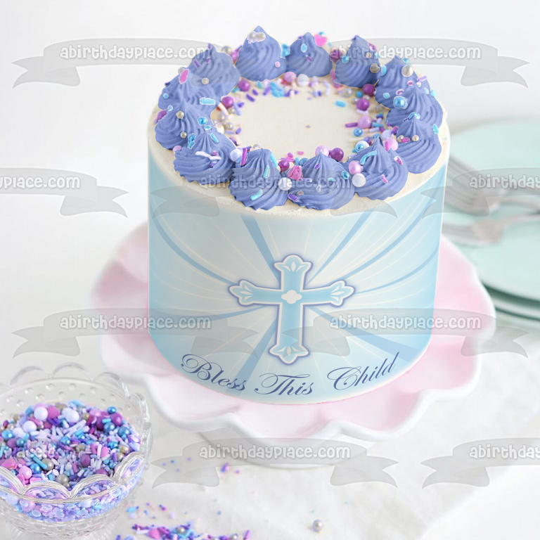 Bless This Child Blue Cross Baptism Edible Cake Topper Image ABPID13391