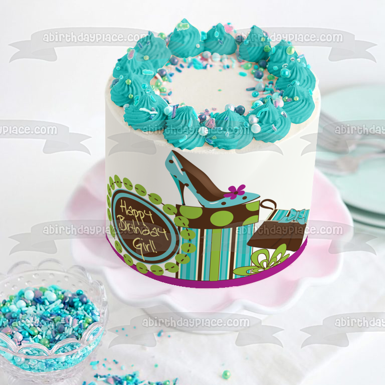 Happy Birthday Girl Present Wallet High Heel Shoe Edible Cake Topper Image ABPID13273