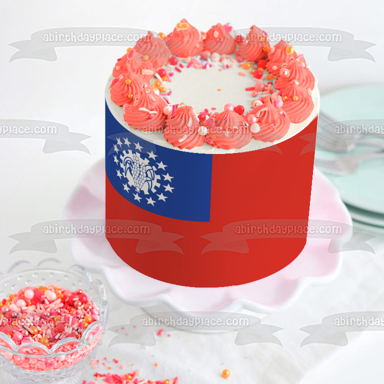 Adorno comestible para tarta con bandera de Myanmar, rojo, blanco y azul, imagen ABPID13279