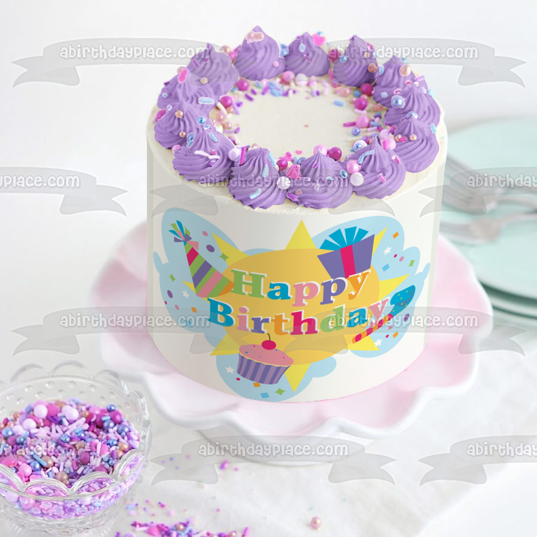 Happy Birthday Presents Party Hats Cupcakes Noise Makers Edible Cake Topper Image ABPID13291
