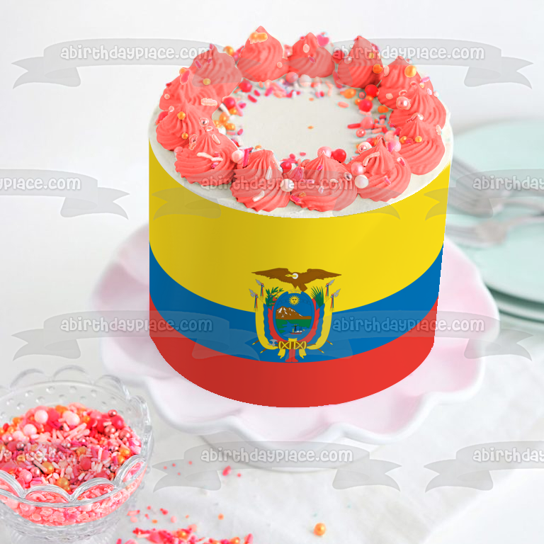 Flag of Ecuador Yellow Red Blue Stripes Eagle Coat of Arms Edible Cake Topper Image ABPID13298