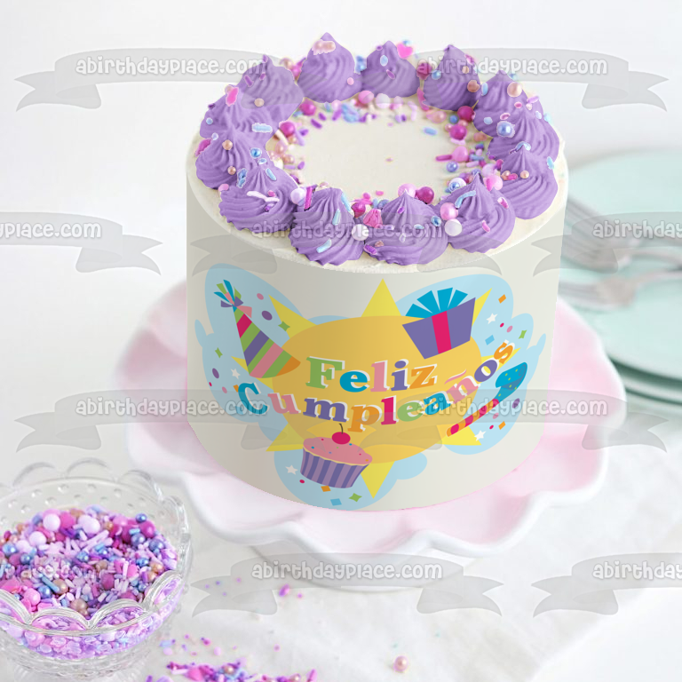 Feliz Cumpleanos Party Hats Presents Cupcakes Edible Cake Topper Image ABPID13603
