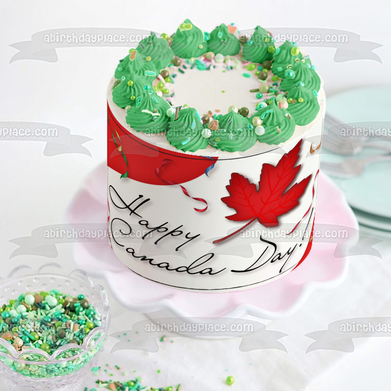 Happy Canada Day Red Maple Leaf Colorful Streamers Edible Cake Topper Image ABPID13441