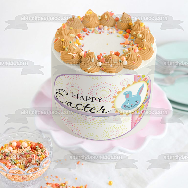 Happy Easter Blue Bunny Flowers Edible Cake Topper Image ABPID13455