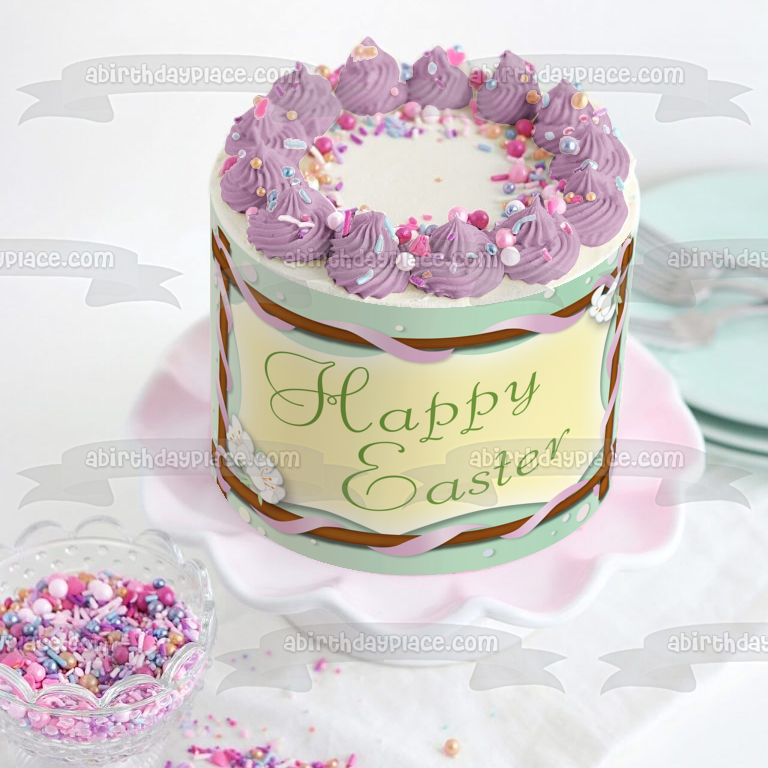 Feliz Pascua Cinta Púrpura Flores Adorno Comestible Para Pastel Imagen ABPID13456