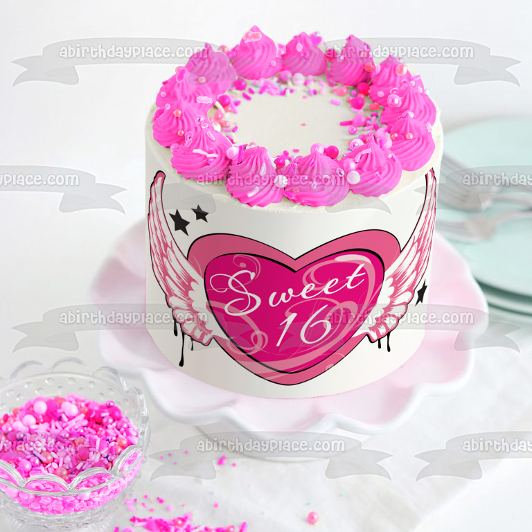 Happy Birthday Sweet 16 Pink Heart Wings Stars Edible Cake Topper Image ABPID13487