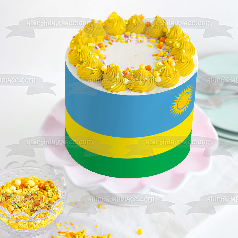Flag of Rwanda Blue Yellow Green Stripes Yellow Sun Edible Cake Topper Image ABPID13516