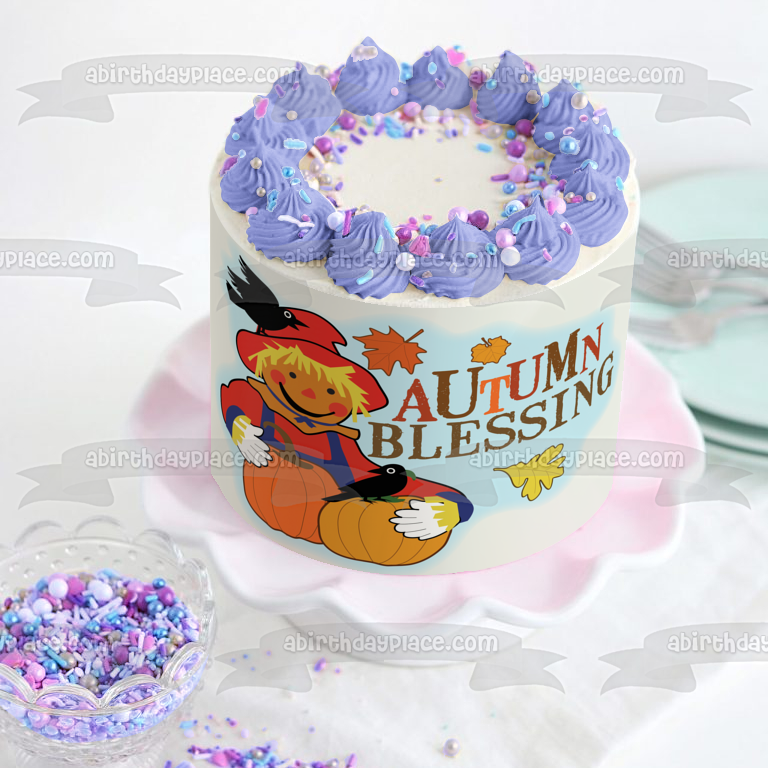Seasons Autumn Blessing Espantapájaros Calabazas Cuervos Adorno comestible para tarta Imagen ABPID13526