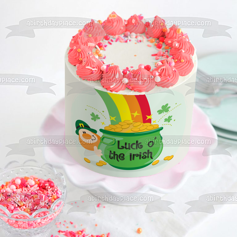 Luck O' The Irish Leprachaun Rainbow Pot of Gold Tréboles de 4 hojas Decoración comestible para tarta Imagen ABPID13535