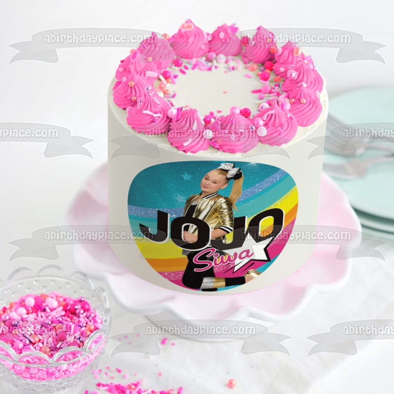 Jo Jo Siwa Stars Pink Yellow and Blue Background Edible Cake Topper Image ABPID15214