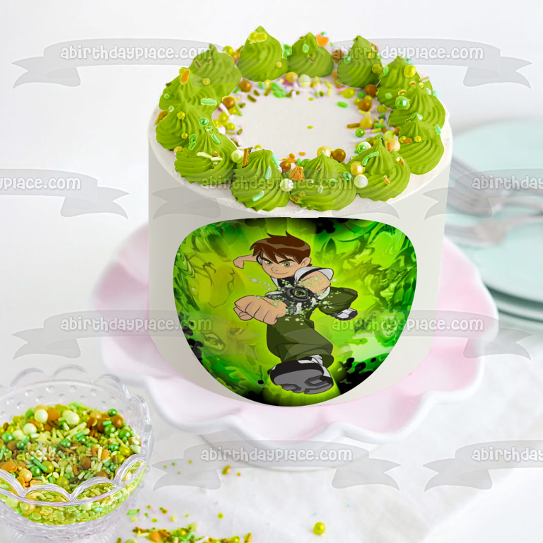 Ben 10 Alien Madness Ben Tennyson Green Background Edible Cake Topper Image ABPID15217