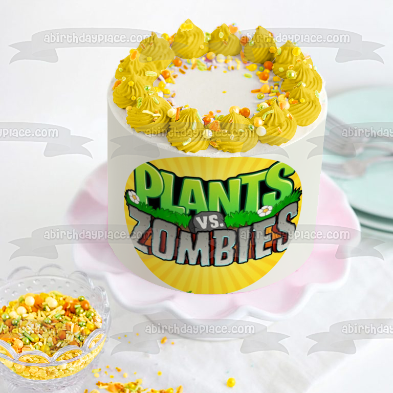 Plants Vs Zombies Logo Flowers Yellow Background Edible Cake Topper Image ABPID15244