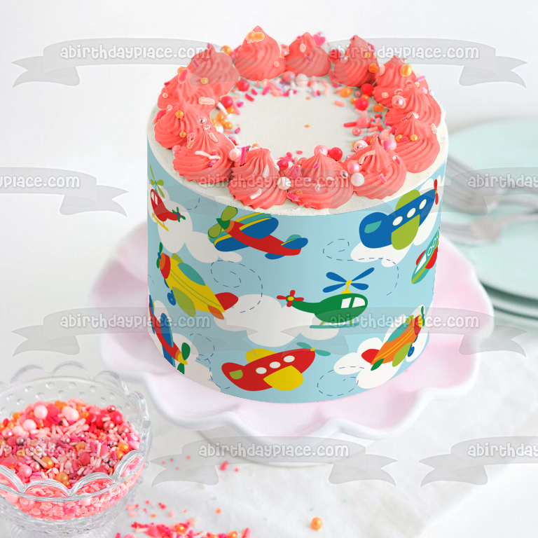 Cartoon Airplanes Helicopters Edible Cake Topper Image ABPID13567
