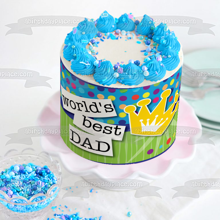 World's Best Dad Gold Crown Polka Dot Background Edible Cake Topper Image ABPID13569