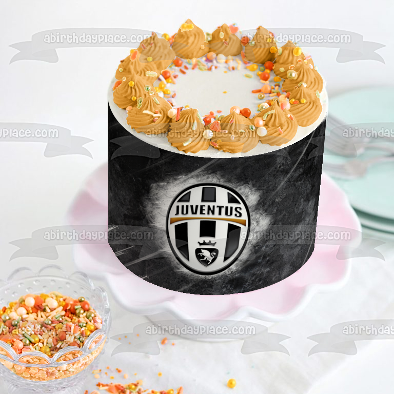 Logotipo del Juventus FC Soccer Club, fondo negro, decoración comestible para tarta, imagen ABPID20639