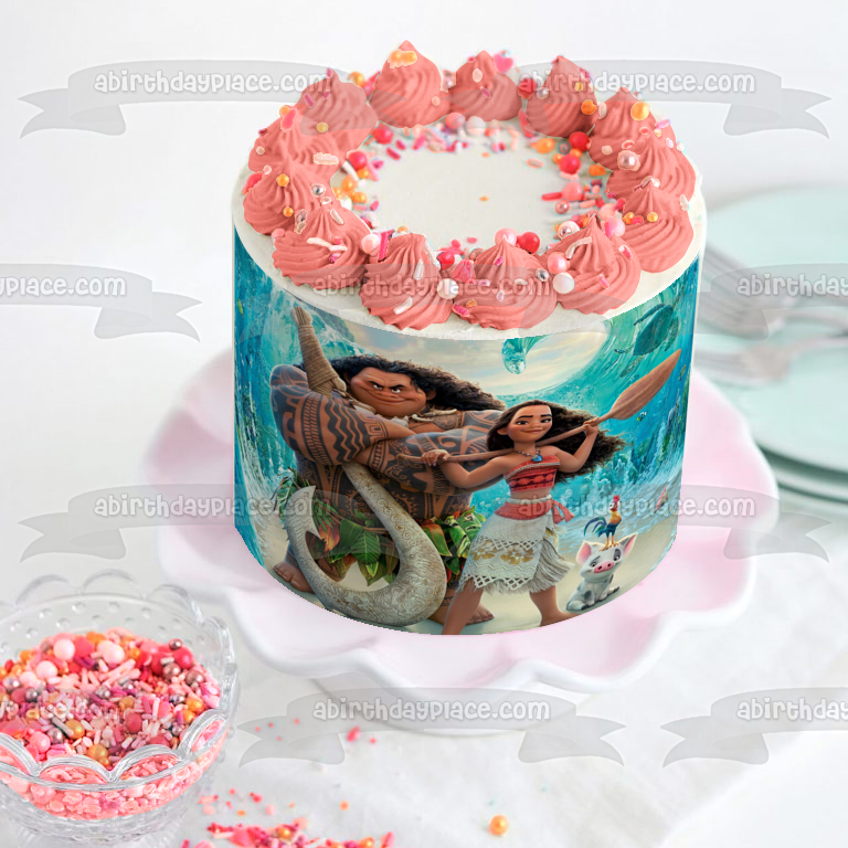 Disney Moana Maui Fish Hook Hei Hei the Rooster Pua Pig Edible Cake Topper Image ABPID22006