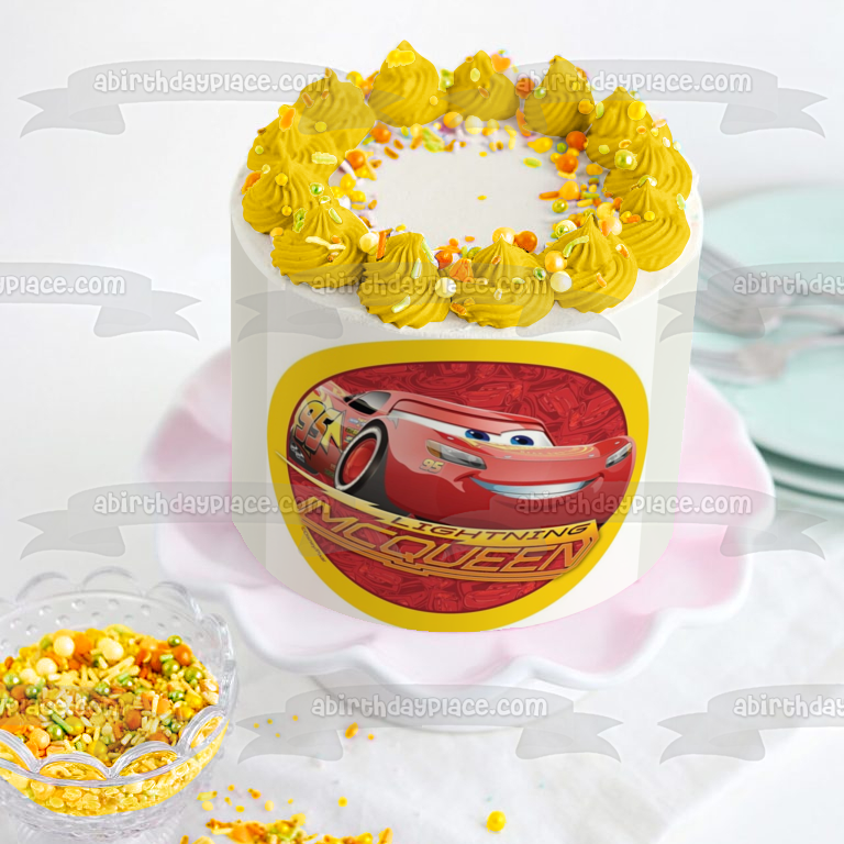 Cars Lightening McQueen Red Background Yellow Edge Edible Cake Topper Image ABPID21803