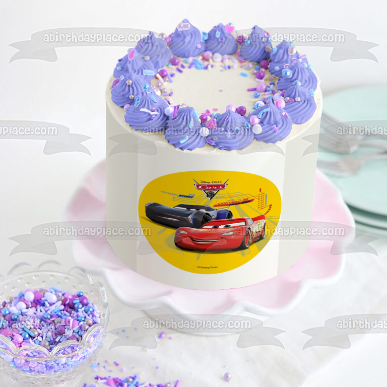Cars 3 Lightening McQueen Jackson Storm Yellow Background Edible Cake Topper Image ABPID21808
