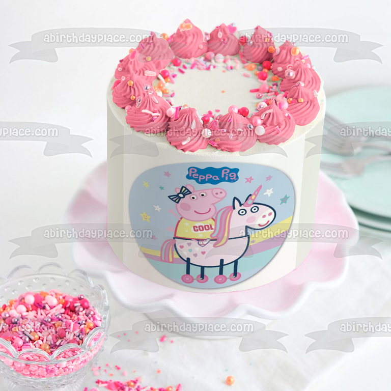 Peppa Pig Riding Unicorn Stars Rainbow Edible Cake Topper Image ABPID21809