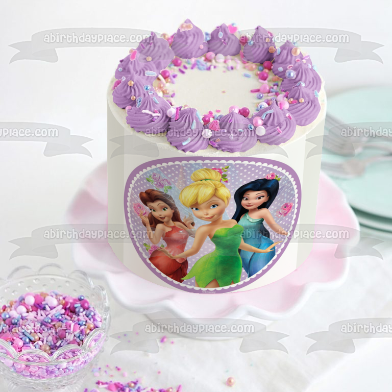 Disney Tinkerbell Fairies Silvermist Fawn Fondo de lunares morado y blanco Imagen comestible para decoración de tarta ABPID21834