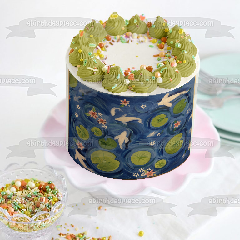 Above Water Cartoon Scene Lily Pads Fish Flowers Edible Cake Topper Image ABPID22070