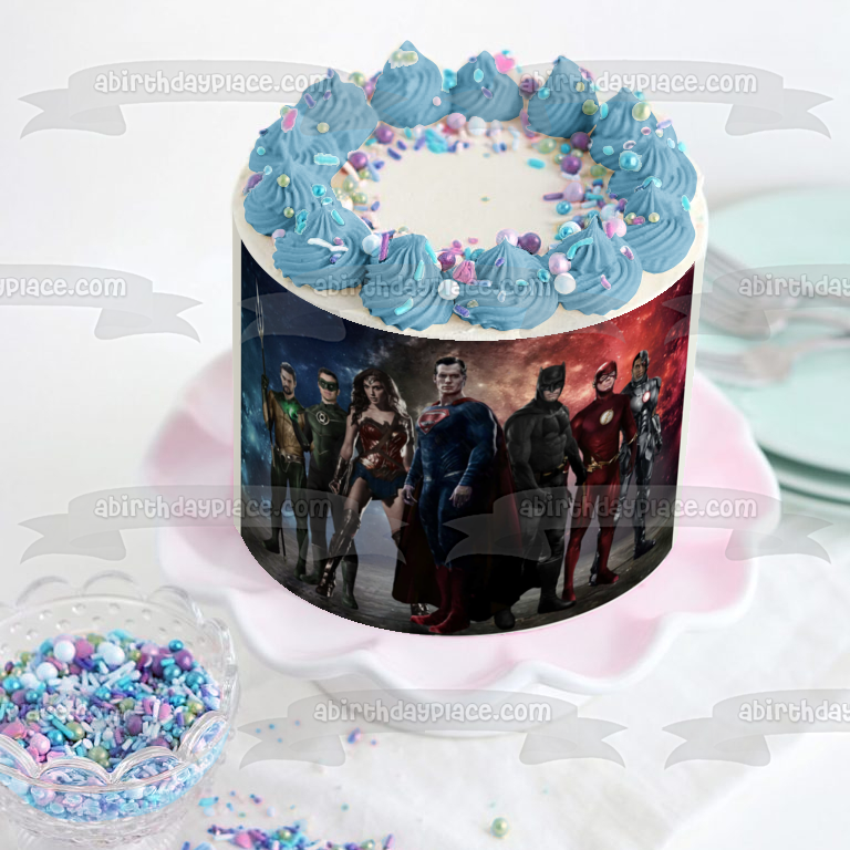 DC Comics Justice League Superman Batman Wonder Woman Green Lantern the Flash Cyborg Aquaman Edible Cake Topper Image ABPID22076