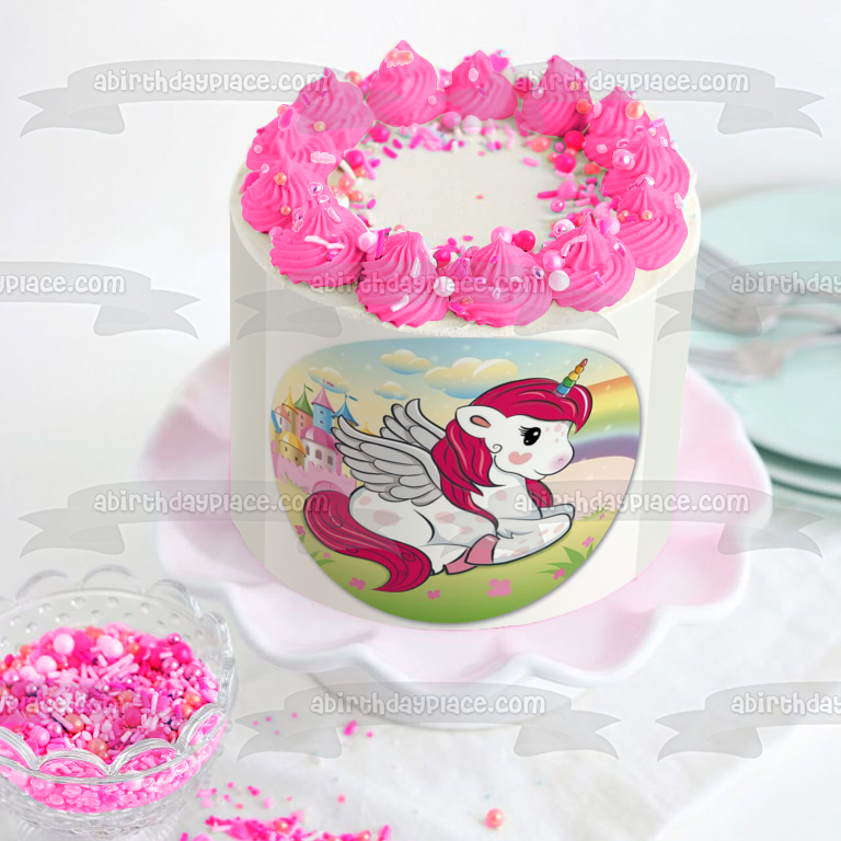 Unicorn Cartoon Pink Hair Rainbow Horn Castle Edible Cake Topper Image ABPID22133