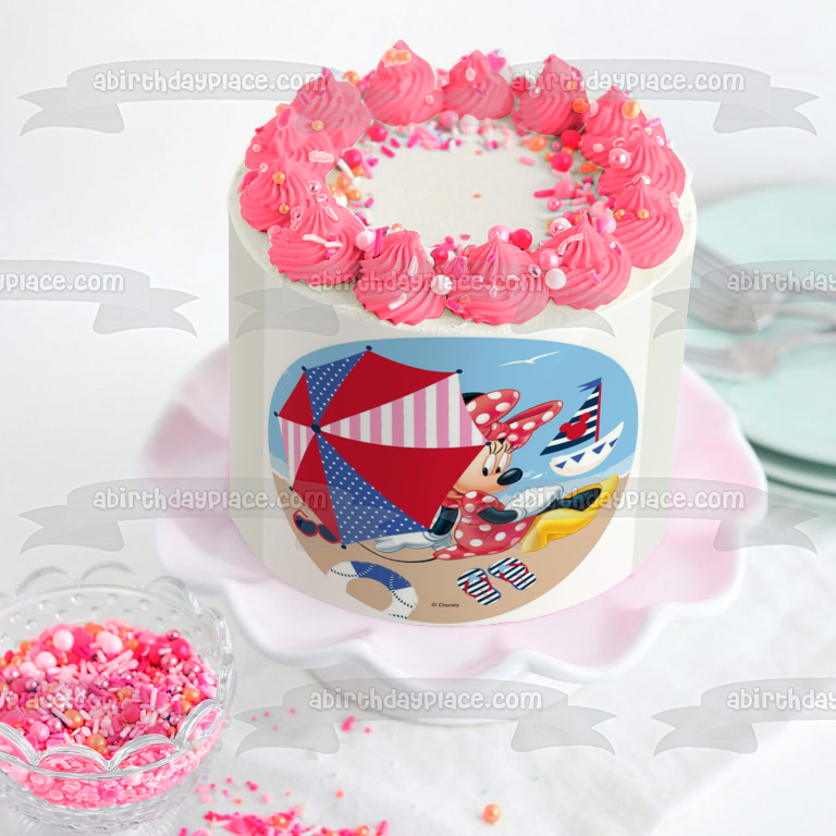 Disney Minnie Mouse Beach Sailboat Sunglasses Umbrella Edible Cake Topper Image ABPID21905