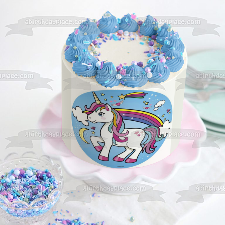 Unicornio, arcoíris, nubes, luna, estrellas azules, fondo, decoración comestible para tarta, imagen ABPID21909