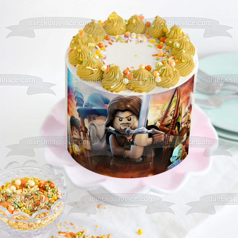 LEGO El Señor de los Anillos Gandalf Gollum Bilbo Thrane Gloin Imagen comestible para decoración de tarta ABPID22342