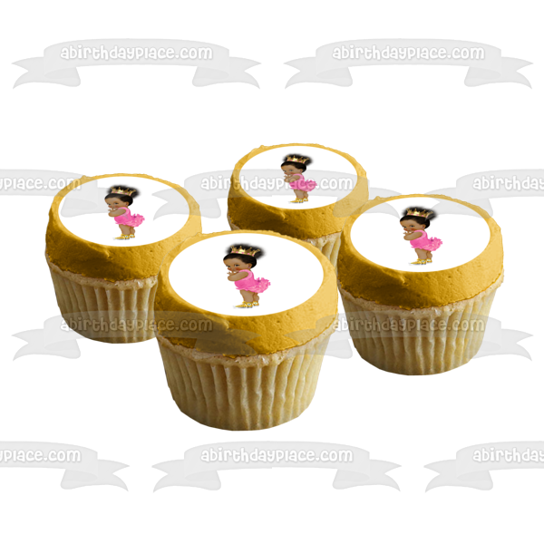 African American Baby Girl Pink Ballerina Outfit Gold Crown Yellow Converse Sneakers Edible Cake Topper Image ABPID22382