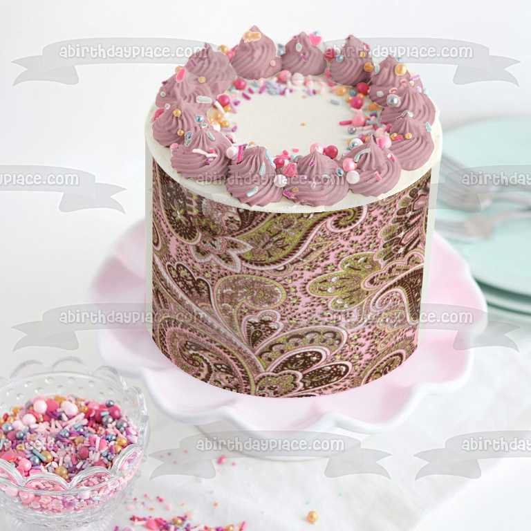 Adorno comestible para tarta con estampado de cachemira rosa y marrón, imagen ABPID24418