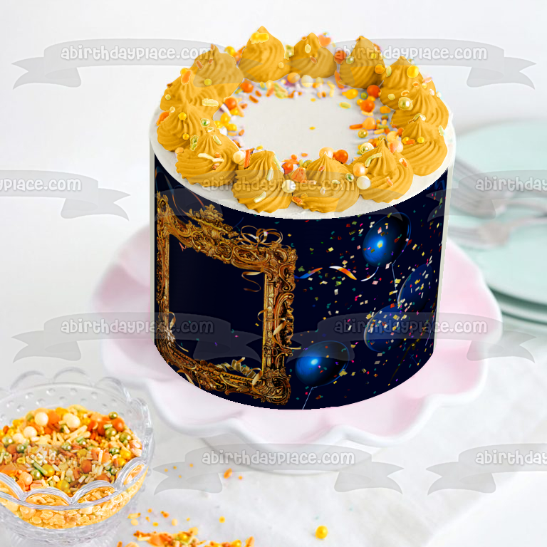 Classy Gold Frame with Confetti and Balloons Edible Cake Topper Image Frame ABPID56272