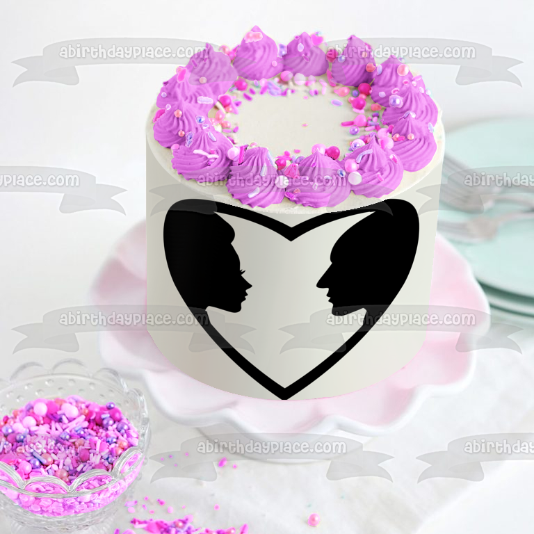 Man and Woman In Heart Silhouette Edible Cake Topper Image ABPID56276