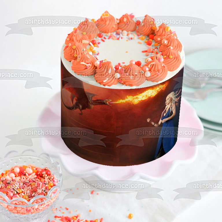 Game of Thrones Daenerys Targaryen Drogon Breathing Fire Edible Cake Topper Image ABPID26959