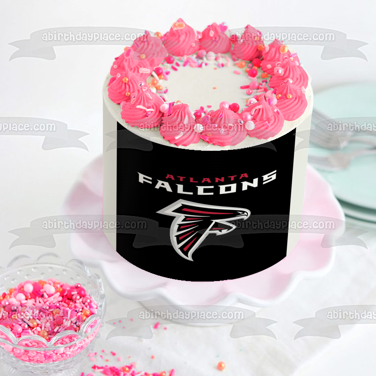 Atlanta Falcons Logo NFL Pink and White Black Background Edible Cake Topper Image ABPID27367
