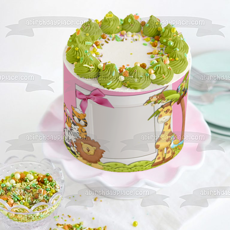 Baby Shower, bebé, animales de la selva, cebra, tigre, león, jirafa, mono, loro, adorno comestible para tarta, marco de imagen ABPID27382