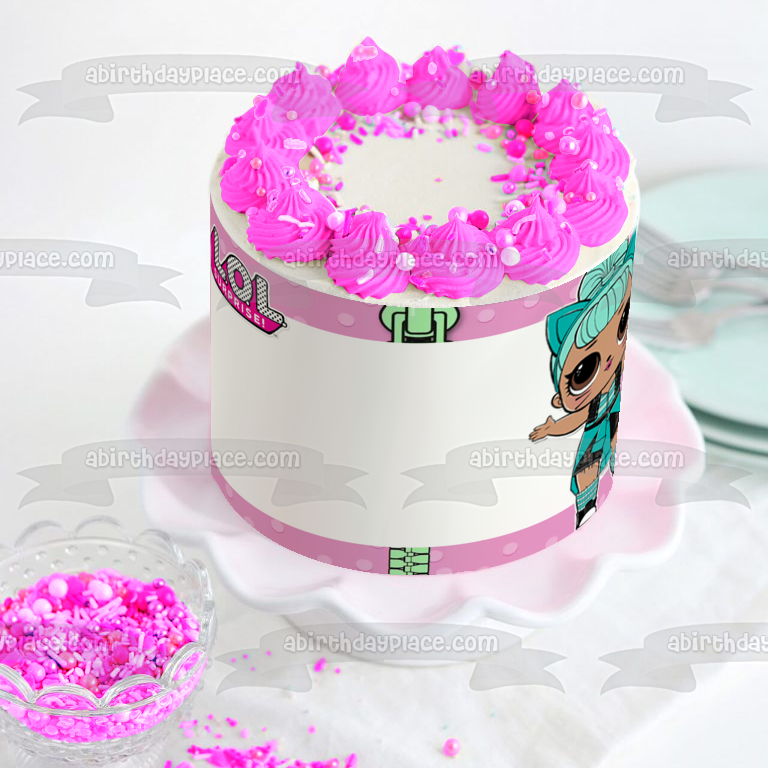 Marco de imagen comestible para decoración de tarta con borde de lunares morados LOL Surprise Troublemaker ABPID27158