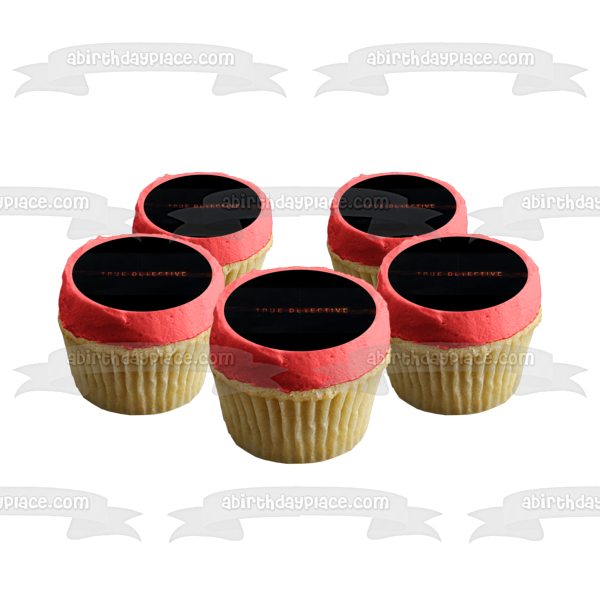 Imagen comestible para decoración de tarta con el logotipo de True Detective, fondo negro, ABPID27179